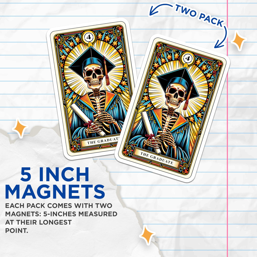 (2 Pack) Skeleton Graduate Magnets - Tarot Card Art - Academic Celebration Decor - 5 Inches On Longest Side - Thick Durable Magnet - Made in USA - MAG22591