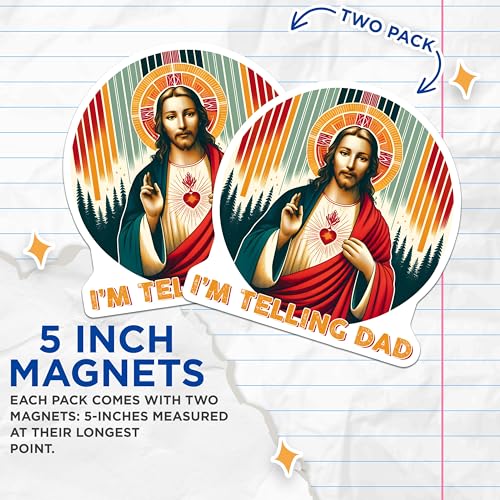 (2 Pack) I'm Telling Dad Magnets - Funny Religious Decor - 5" On Longest Side - for Cars, Fridges, Toolboxes - Made in USA - MAG7493