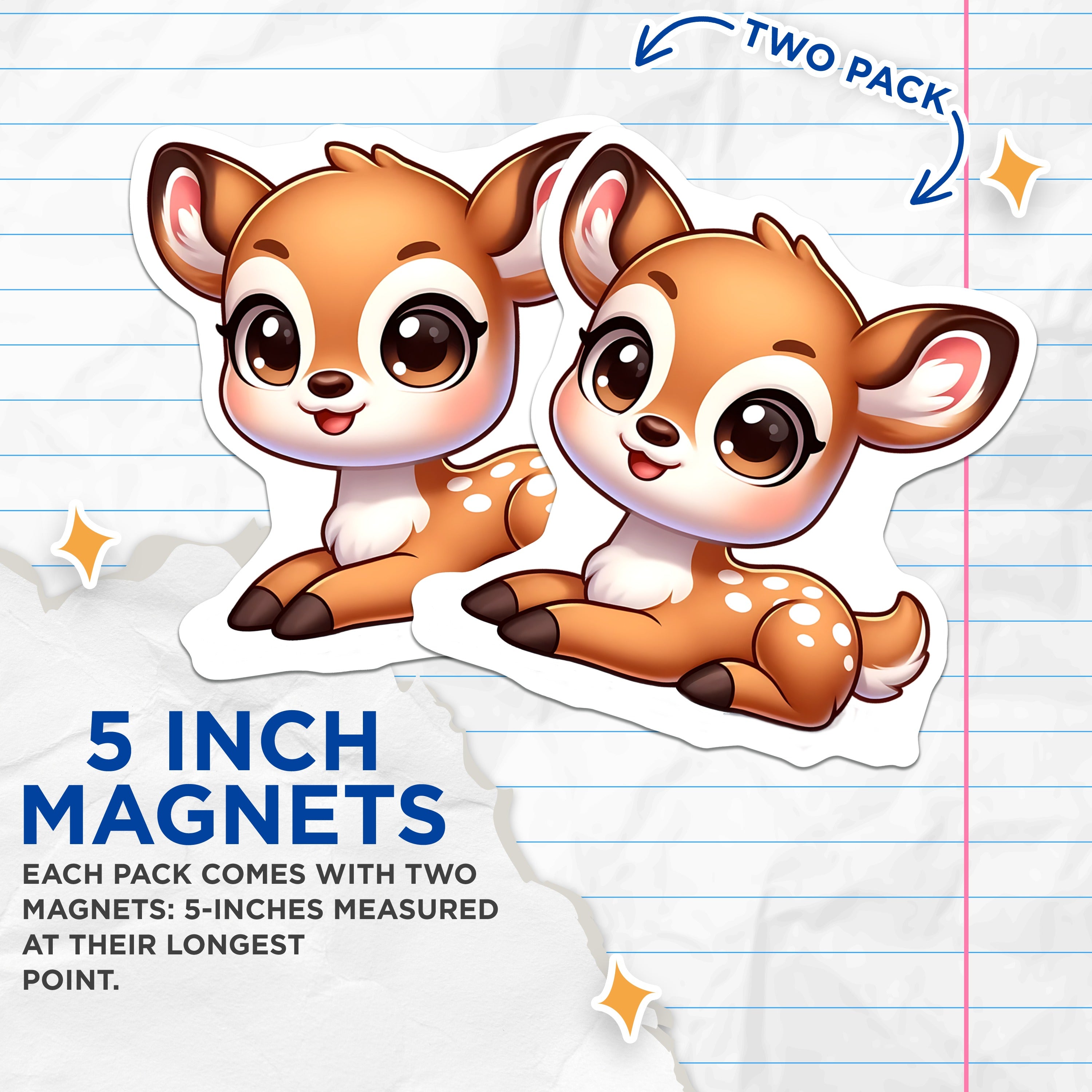(2 Pack) Kawaii Fawn Magnets - Cute Baby Deer Refrigerator Art - Woodland Nursery Locker Decor - 5 Inches On Longest Side - Thick Durable Magnet - Made in USA - MAG39451