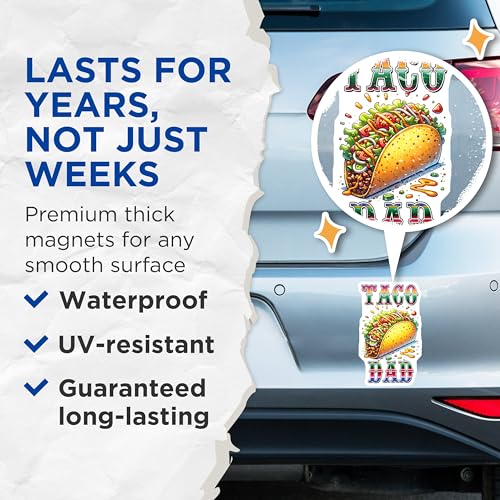 (2 Pack) Taco Dad Magnets - Fun Kitchen Decor - Dad Humour - Taco Lover Gift Idea - 5" On Longest Side - for Cars, Fridges, Toolboxes - Made in USA - MAG8226