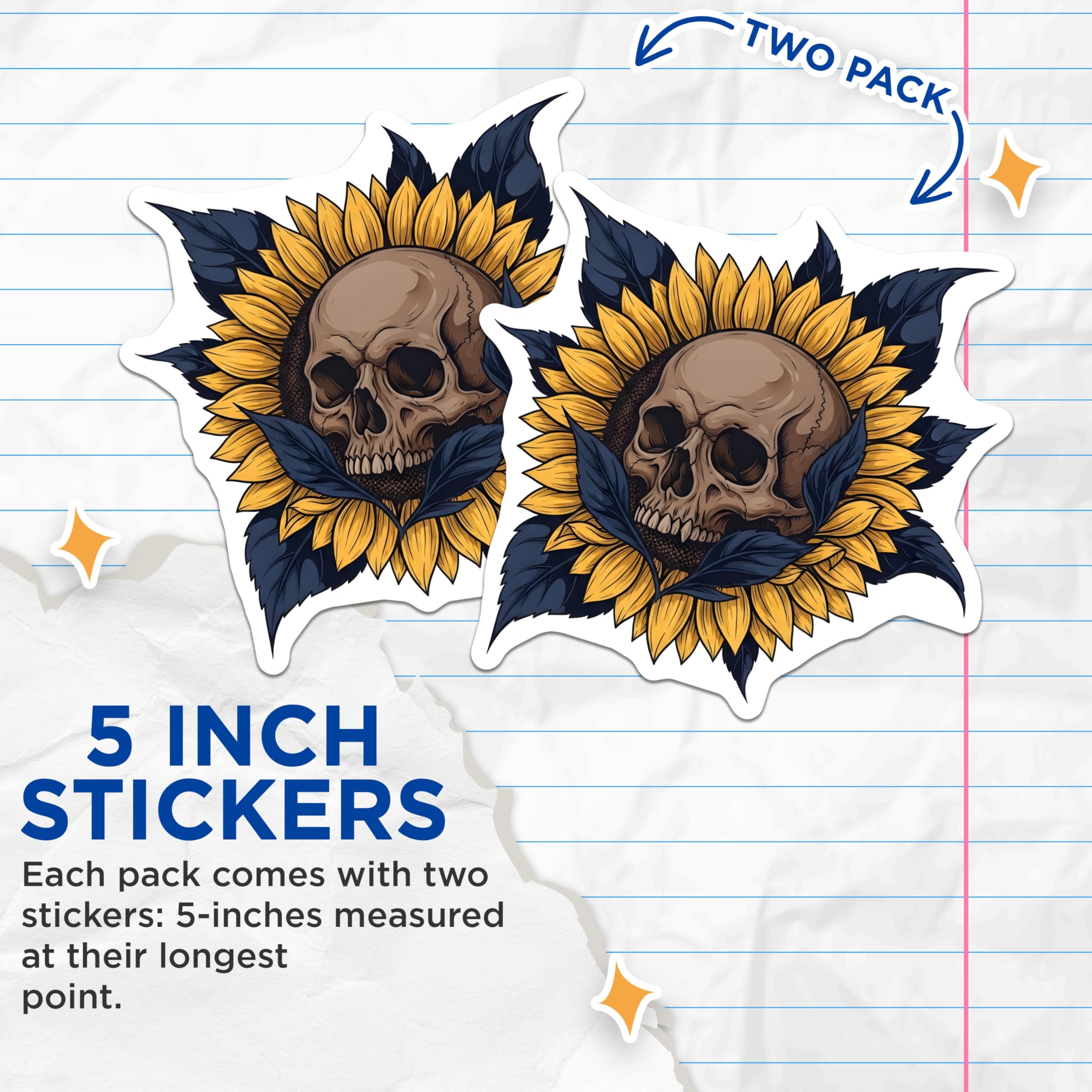 (2 Pack) Skull Sunflower Stickers - Gothic Decal - Floral Skull Sticker - 5" On Longest Side - Sticks to Smooth Flat Surfaces - Made in USA - BMCS18721