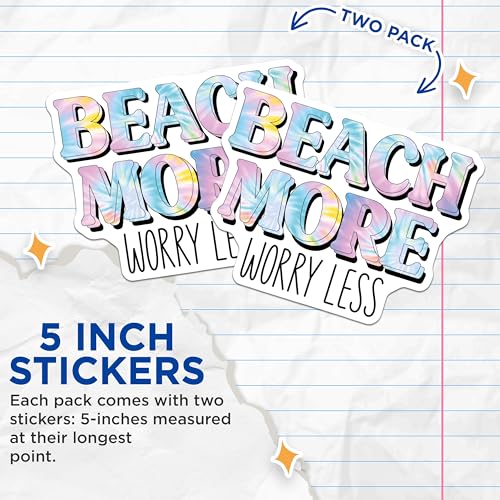 (2 Pack) Beach More Worry Less Stickers - Inspirational Quote Stickers - Colorful Motivational Stickers - 5" On Longest Side - Sticks to Smooth Flat Surfaces - Made in USA - BMCS3870