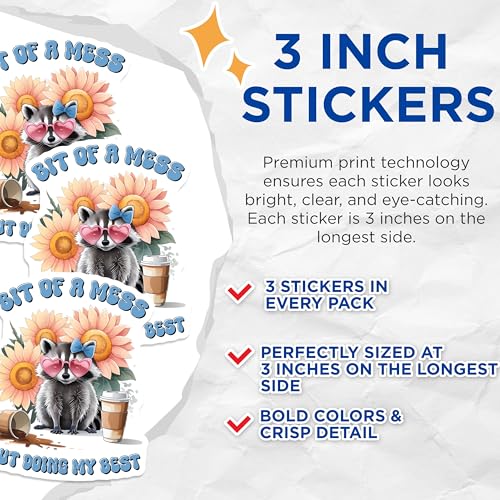 (3 Pack) Raccoon Mess Decals - Funny Animal - Sunflower Decals - 3 Inches On Longest Side - Easy Peel & Apply - Made in USA - 3MCS8472