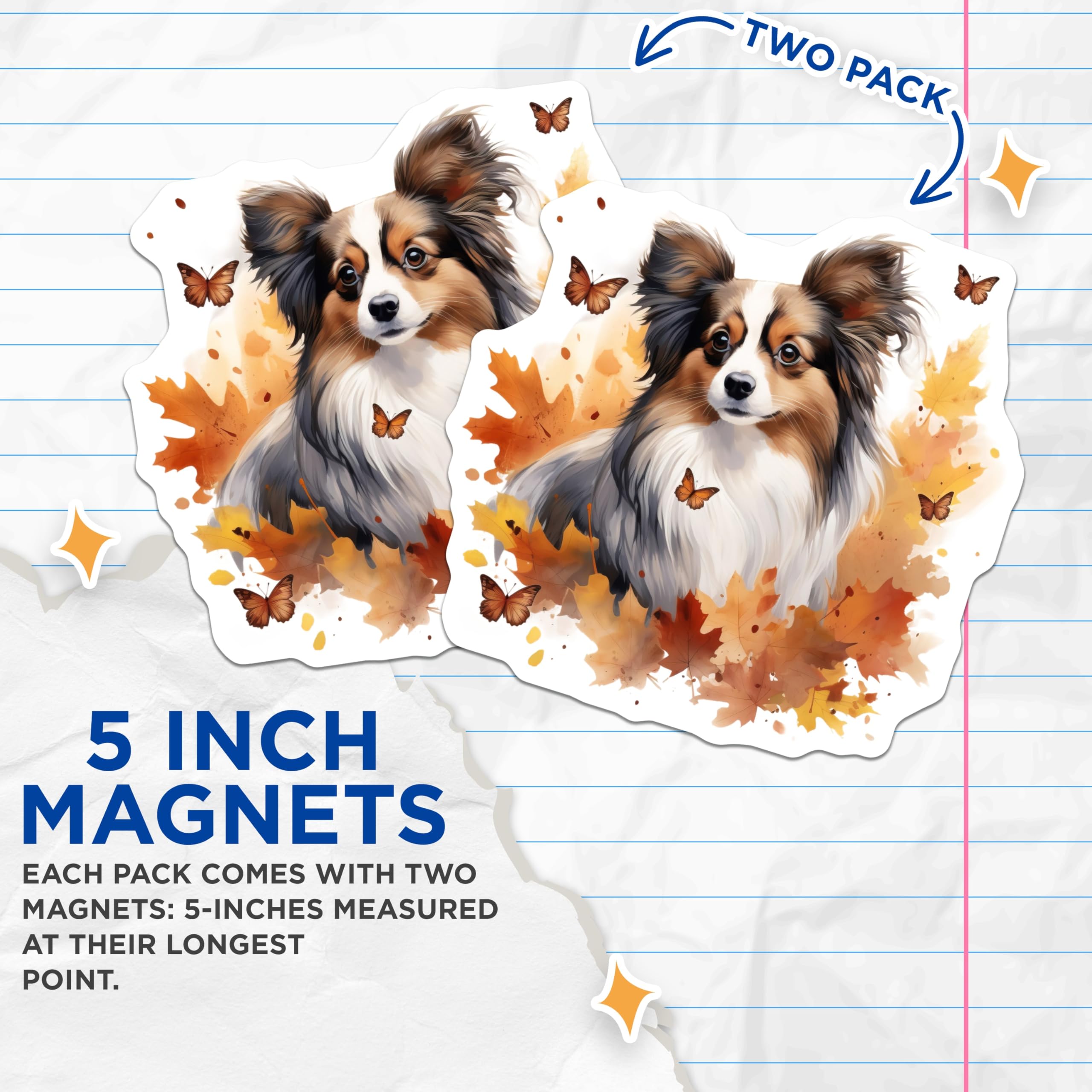 (2 Pack) Papillon Dog Magnets - Autumn Leaves Butterfly - Fall Decor Pet Lover Home - 5 Inches On Longest Side - Thick Durable Magnet - Made in USA - MAG24717