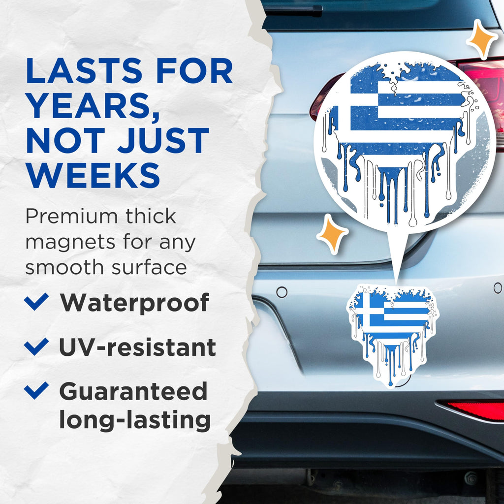 (2 Pack) Greece Flag Magnets - Dripping Greek Pride - Hellenic Republic Decor - 5" On Longest Side - Premium Magnet - for Cars, Refrigerators, Toolboxes, Lockers - Made in USA - MAG17801