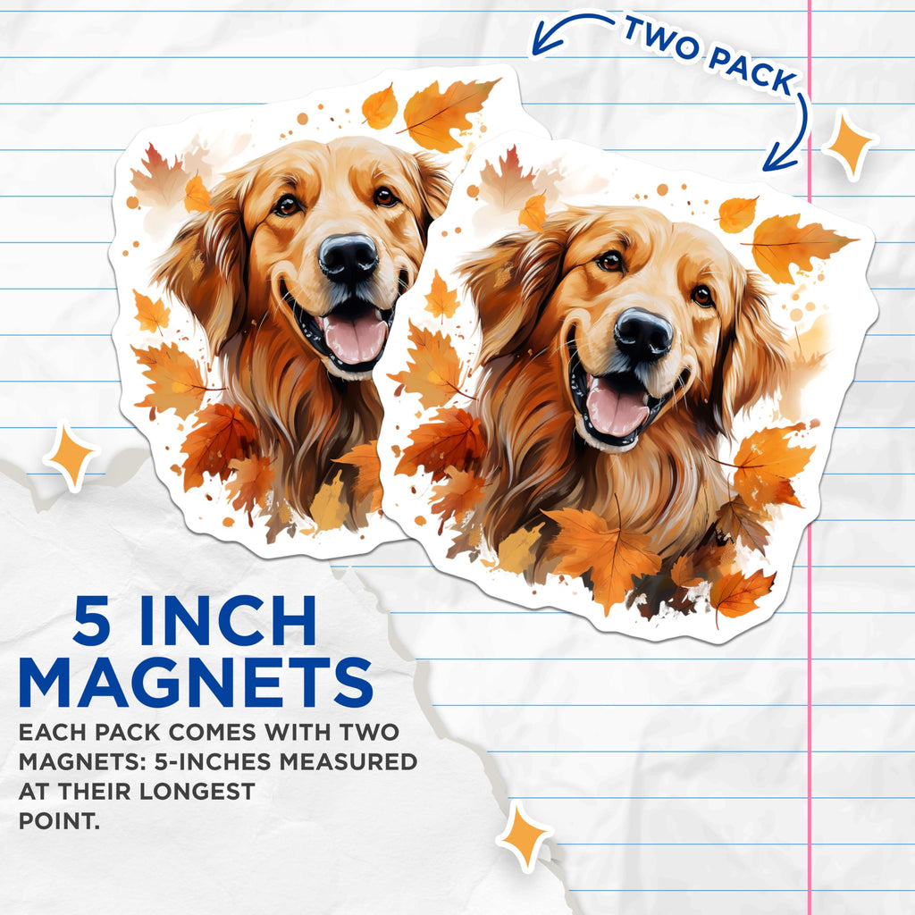 (2 Pack) Golden Retriever Magnets - Autumn Fall Dog Lover Refrigerator Decor - Pet Parent Fridge Art - 5 Inches On Longest Side - Thick Durable Magnet - Made in USA - MAG25182