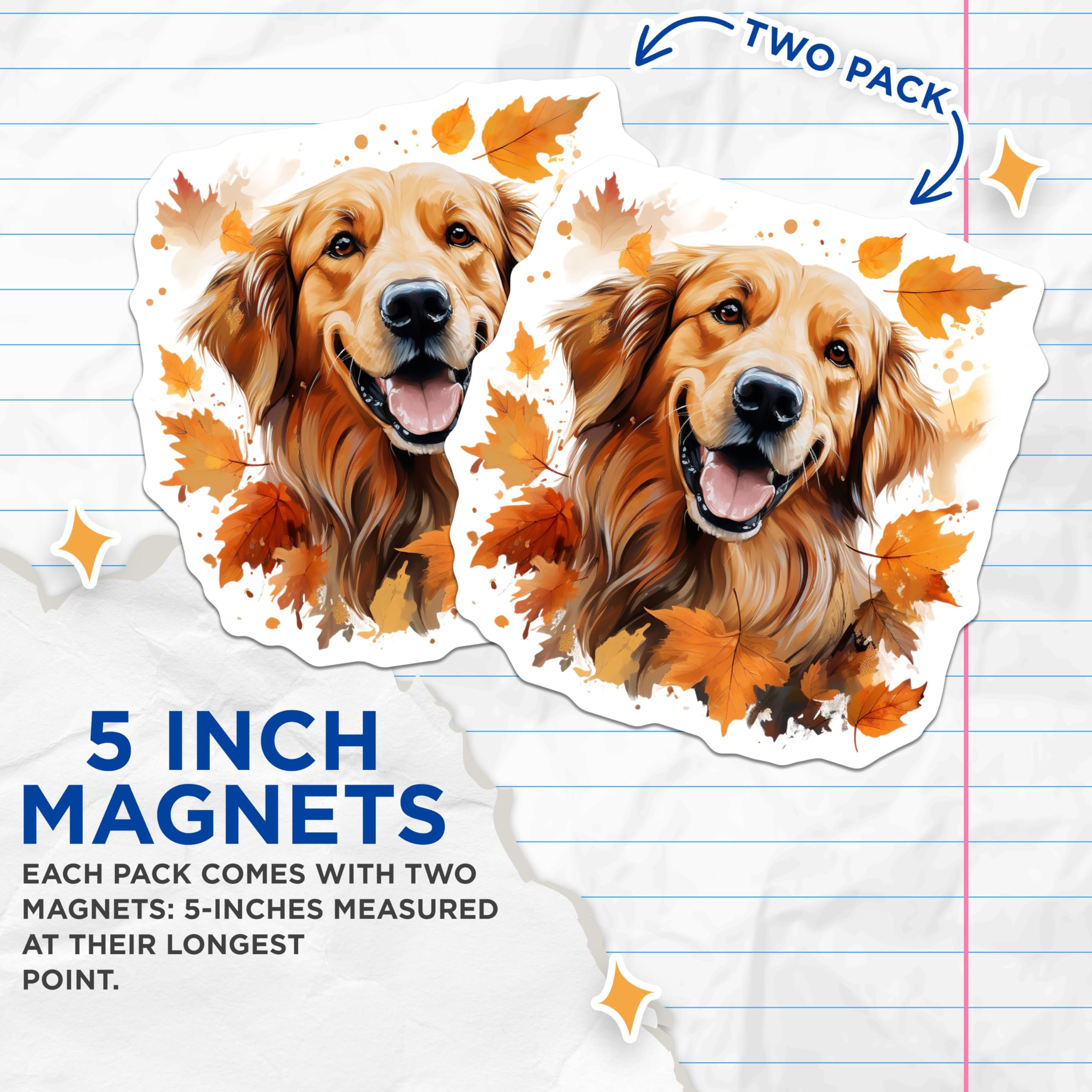 (2 Pack) Golden Retriever Magnets - Autumn Fall Dog Lover Refrigerator Decor - Pet Parent Fridge Art - 5 Inches On Longest Side - Thick Durable Magnet - Made in USA - MAG25182