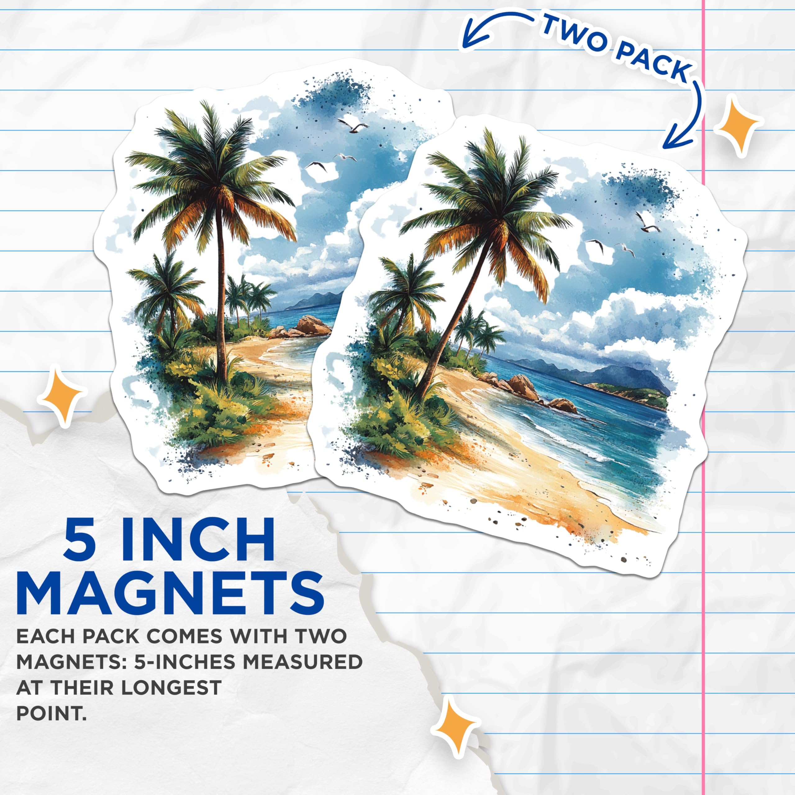(2 Pack) Tropical Beach Magnets - Watercolor Ocean View - Palm Tree Scene Decor - 5 Inches On Longest Side - Thick Durable Magnet - Made in USA - MAG27602