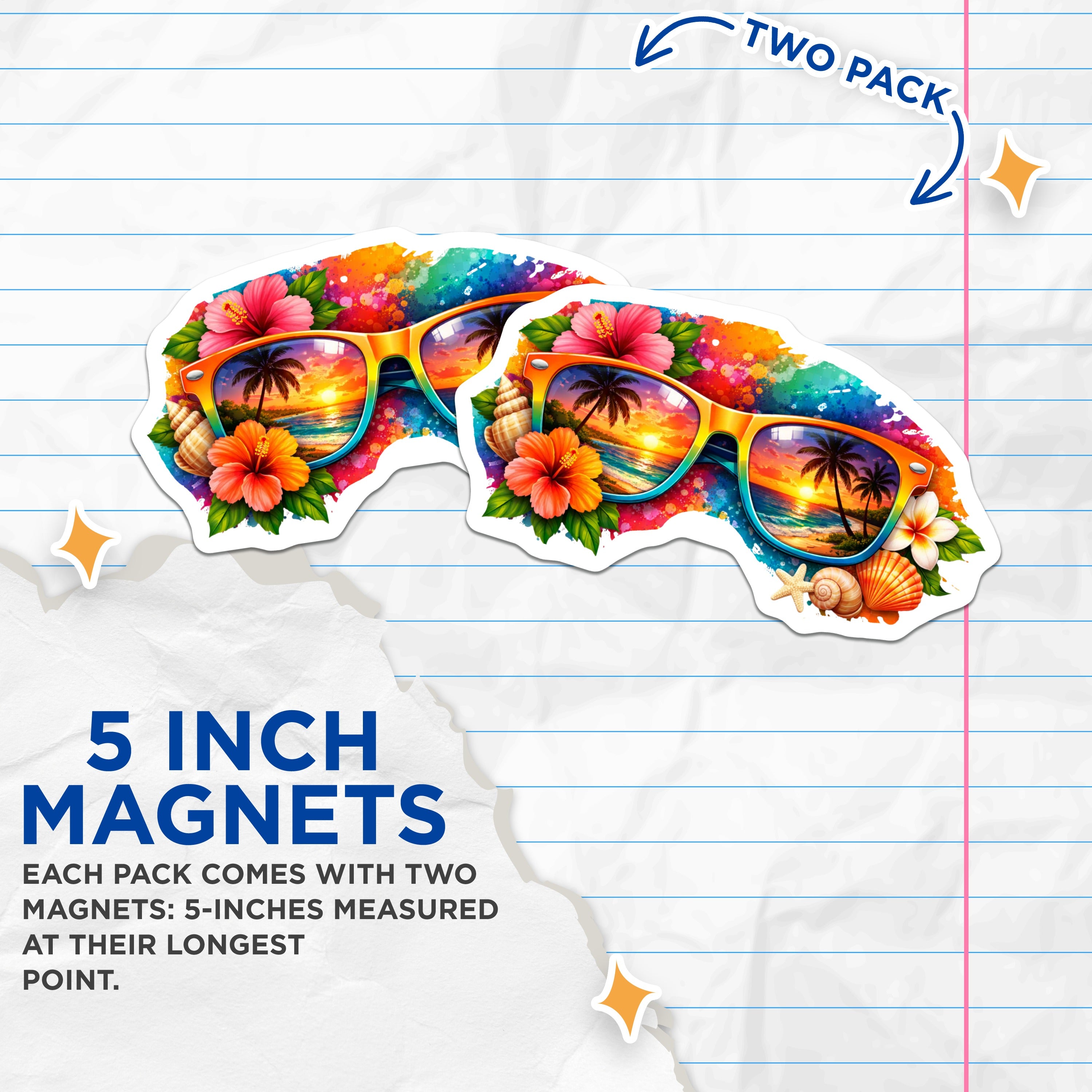 (2 Pack) Tropical Sunset Magnets - Beach Scene Refrigerator Accessory - Summer Vacation Decor - 5 Inches On Longest Side - Thick Durable Magnet - Made in USA - MAG39260