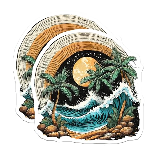 (2 Pack) Tropical Beach Wave Stickers - Moonlit Ocean Scene - Palm Tree Decal - 5" On Longest Side - Sticks to Smooth Flat Surfaces - Made in USA - BMCS9262