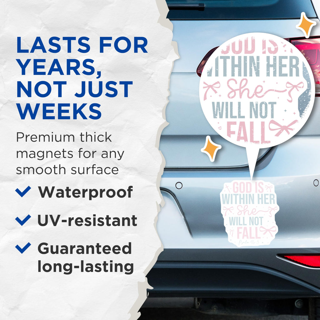 (2 Pack) God is Within Her She Will Not Fall Magnets - Inspirational Christian Magnets - Psalm 46:5 Faith Based Decor - 5 Inches On Longest Side - Thick Durable Magnet - Made in USA - MAG26444