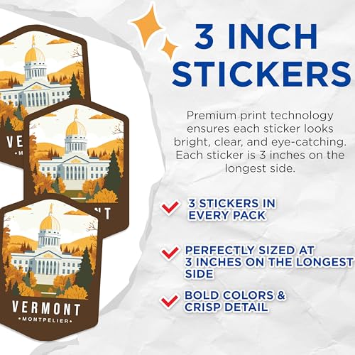 (3 Pack) Vermont Statehouse Decals - Montpelier Sticker - Capital Building Decal - 3 Inches On Longest Side - Easy Peel & Apply - Made in USA - 3MCS0386