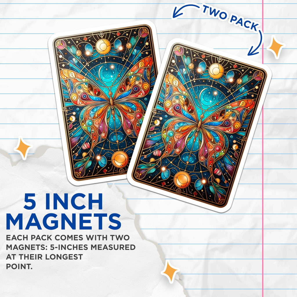 (2 Pack) Stained Glass Butterfly Magnets - Vibrant Celestial Moth Art - Cosmic Starry Fridge Locker Kitchen Decor - 5 Inches On Longest Side - Thick Durable Magnet - Made in USA - MAG20518