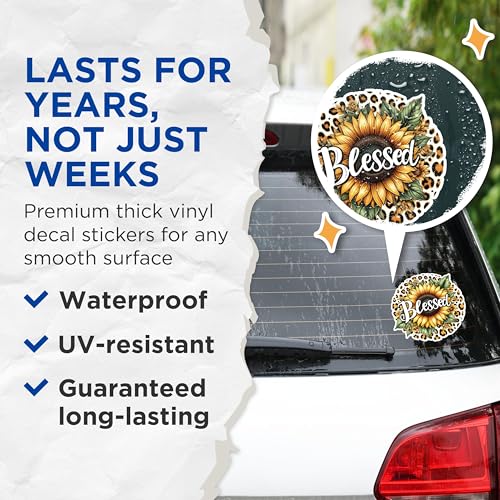 (2 Pack) Blessed Sunflower Stickers - Leopard Print Floral - Inspirational Quote - 5" On Longest Side - Sticks to Any Smooth Flat Surface - Made in USA - BMCS2908
