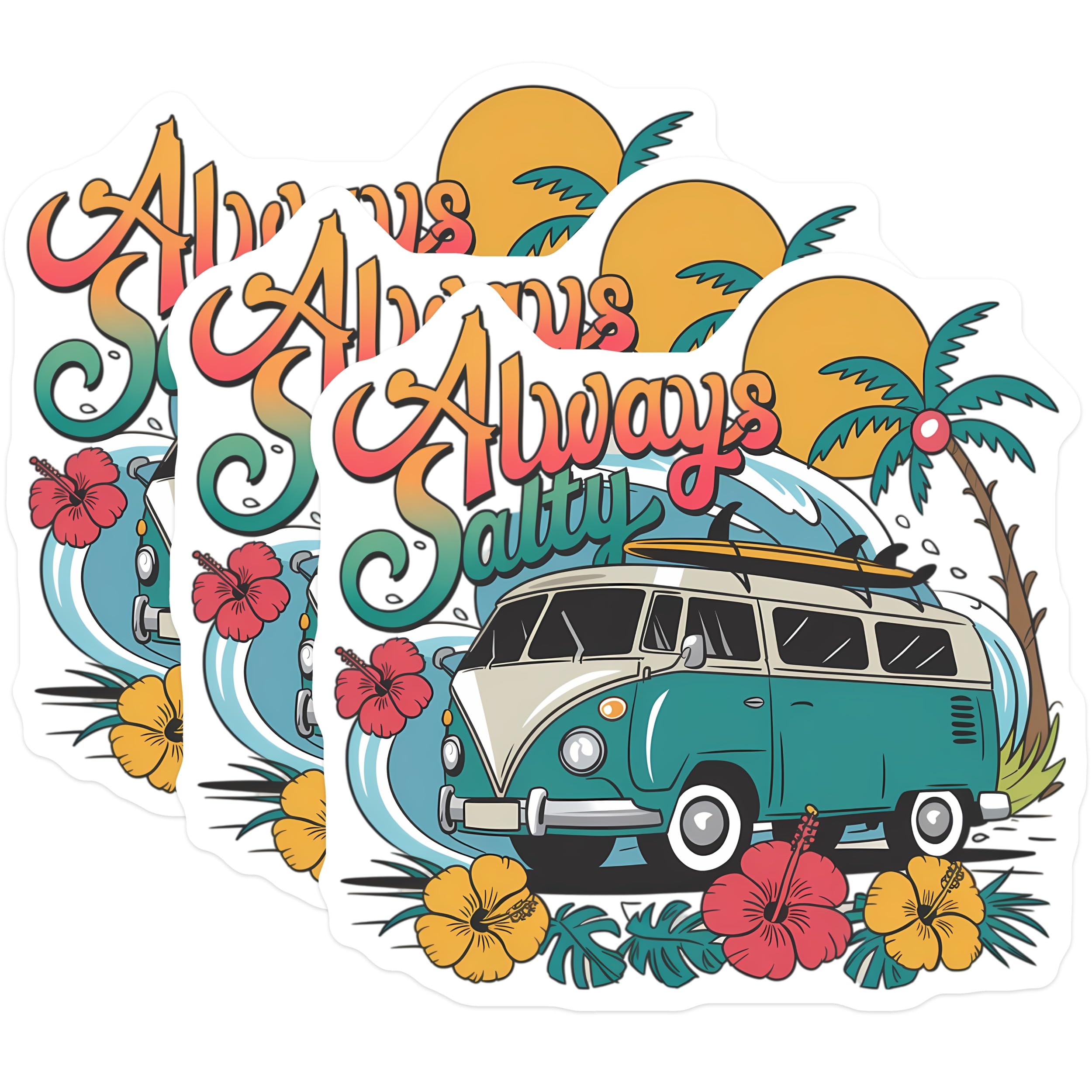 (3 Pack) Always Salty Decals - Beach Van - Laptop Decals - 3 Inches On Longest Side - Easy Peel & Apply - Made in USA - 3MCS8187