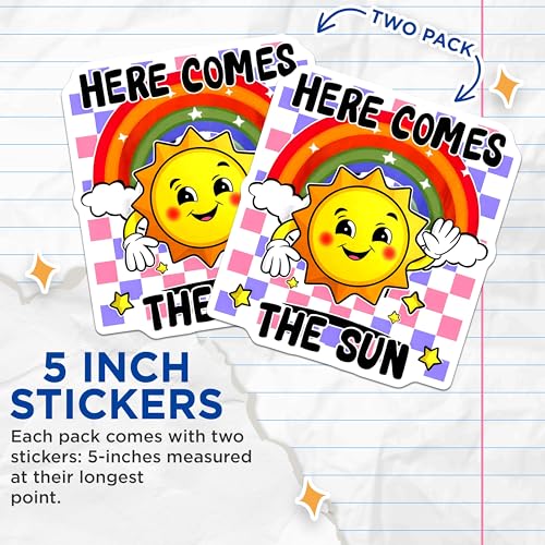 (2 Pack) Here Comes The Sun Stickers - Positive Vibes - Colorful Rainbow Sun - 5" On Longest Side - Sticks to Smooth Flat Surfaces - Made in USA - BMCS8832