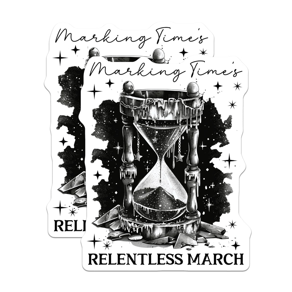 (2 Pack) Marking Time's Stickers - Relentless March Stickers - Hourglass Stickers - 5" On Longest Side - Sticks to Any Smooth Flat Surface - Made in USA - BMCS3527