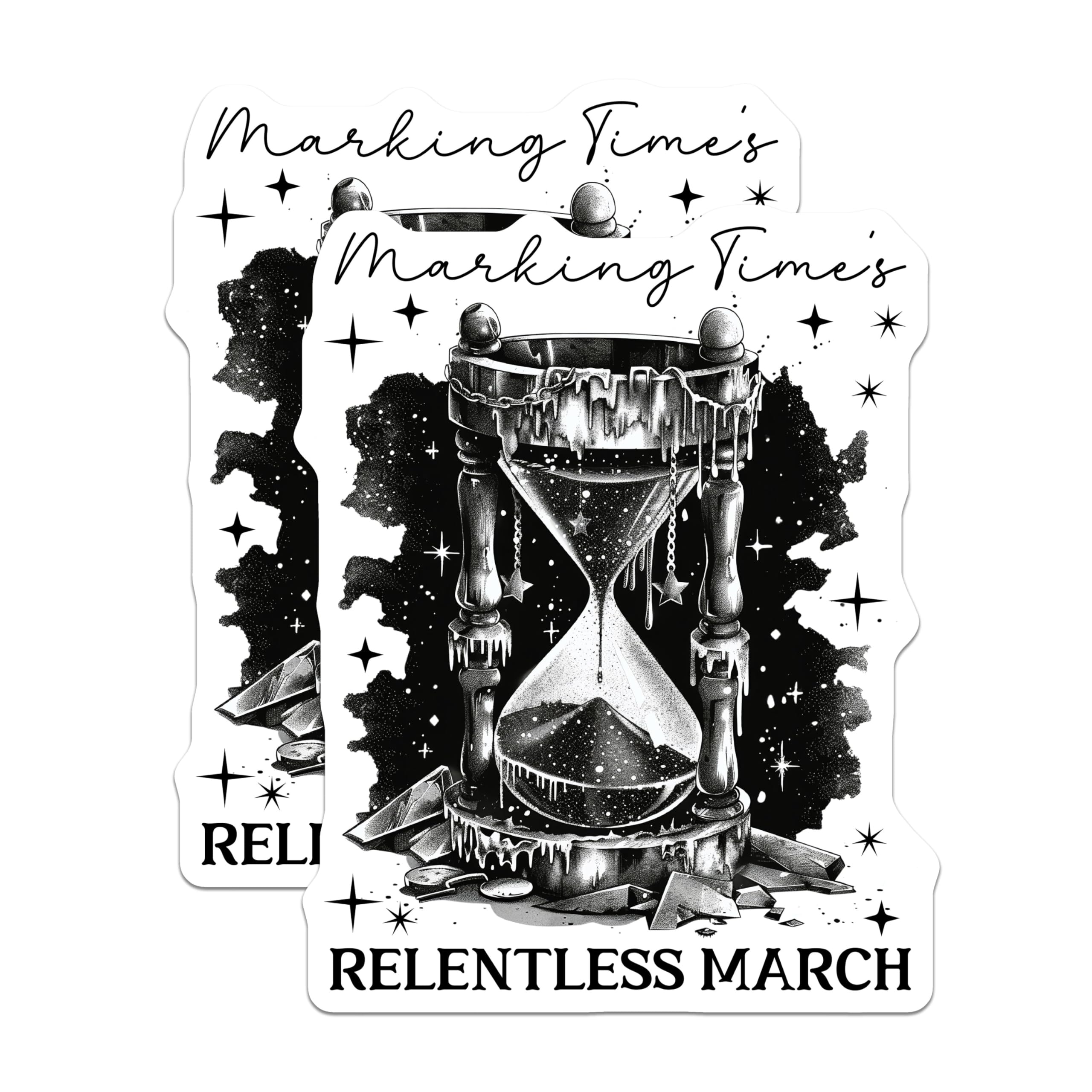 (2 Pack) Marking Time's Stickers - Relentless March Stickers - Hourglass Stickers - 5" On Longest Side - Sticks to Any Smooth Flat Surface - Made in USA - BMCS3527