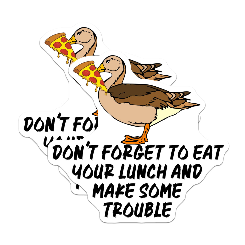 (2 Pack) Funny Duck Eating Pizza Stickers - Motivational - Cute Animal - 5" On Longest Side - Sticks to Smooth Flat Surfaces - Made in USA - BMCS5731