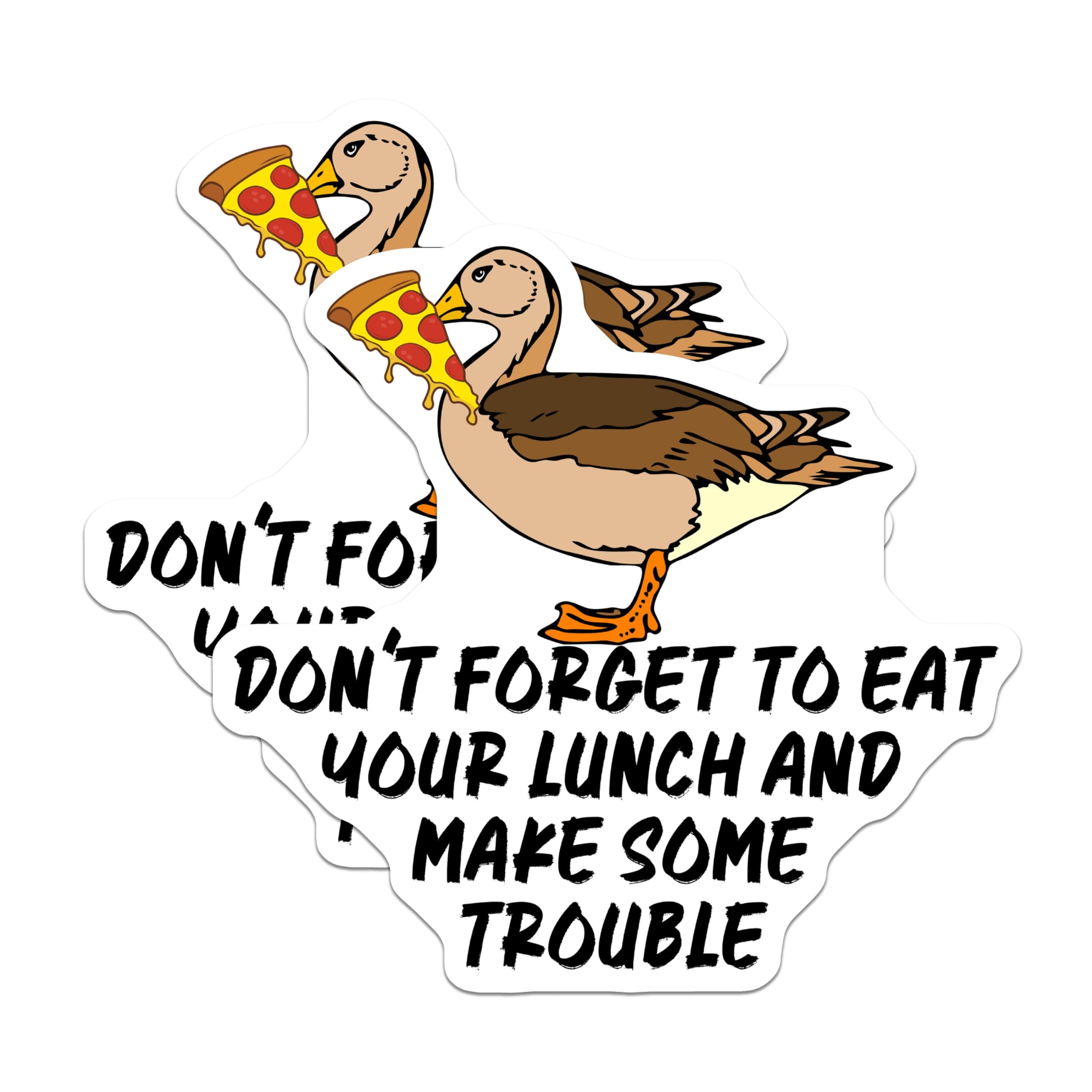 (2 Pack) Funny Duck Eating Pizza Stickers - Motivational - Cute Animal - 5" On Longest Side - Sticks to Smooth Flat Surfaces - Made in USA - BMCS5731