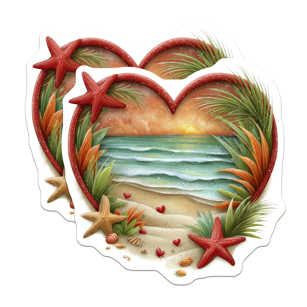 (2 Pack) Sunset Beach Heart Magnets - Coastal Ocean Scene - Romantic Fridge Decor for Couples - 5 Inches On Longest Side - Thick Durable Magnet - Made in USA - MAG37011