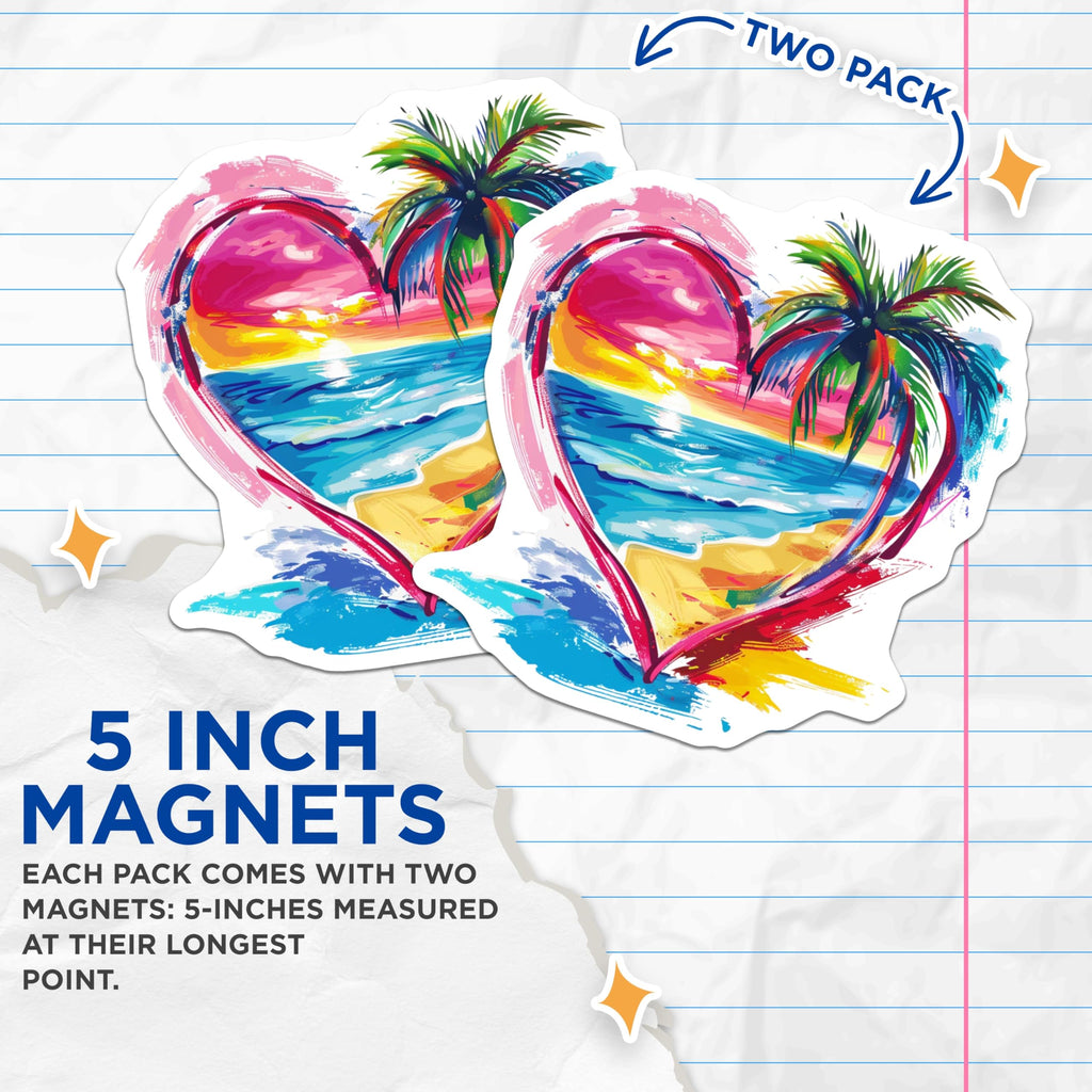 (2 Pack) Beach Sunset Magnets - Tropical Heart Art - Vacation Lover Decor - Coastal Kitchen Accessory - 5 Inches On Longest Side - Thick Durable Magnet - Made in USA - MAG26353