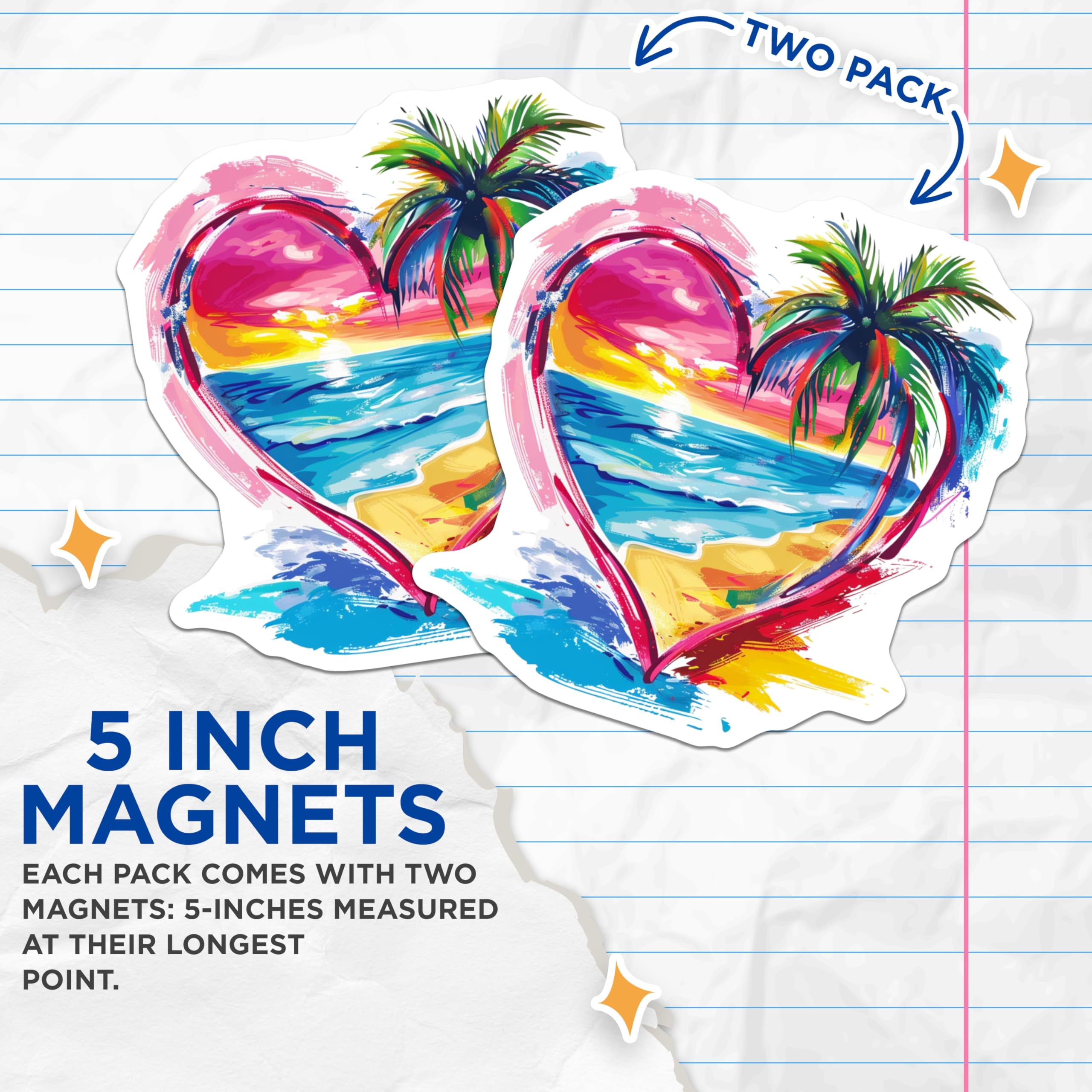 (2 Pack) Beach Sunset Magnets - Tropical Heart Art - Vacation Lover Decor - Coastal Kitchen Accessory - 5 Inches On Longest Side - Thick Durable Magnet - Made in USA - MAG26353