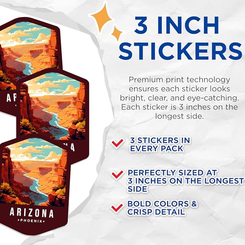 (3 Pack) Arizona Decals - Phoenix Travel Decals - Grand Canyon Laptop Decal - 3 Inches On Longest Side - Easy Peel & Apply - Made in USA - 3MCS0344