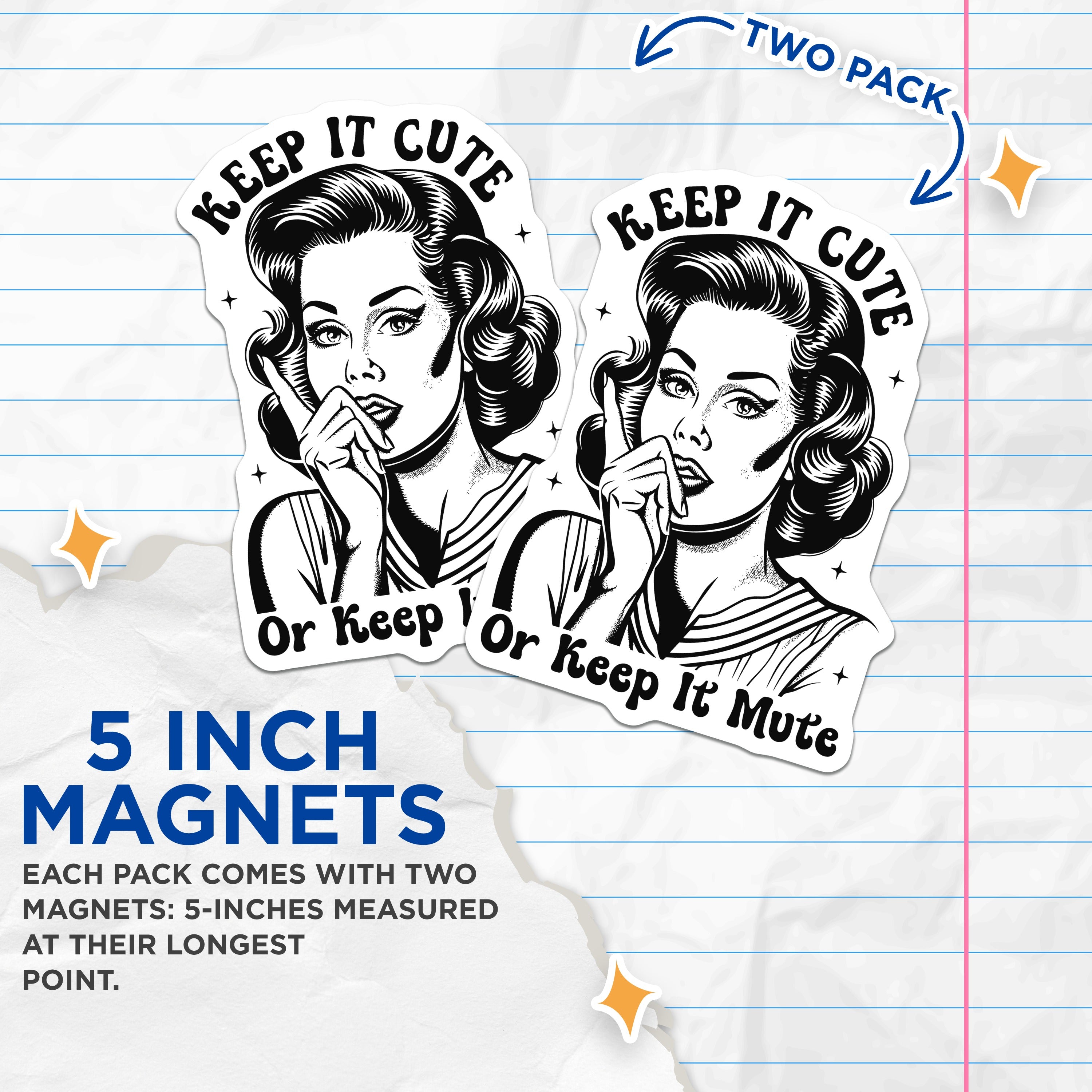 (2 Pack) Sassy Woman Magnets - Funny Keep It Cute Quote - Retro Comic Book Style Fridge Decor - 5 Inches On Longest Side - Thick Durable Magnet - Made in USA - MAG36153