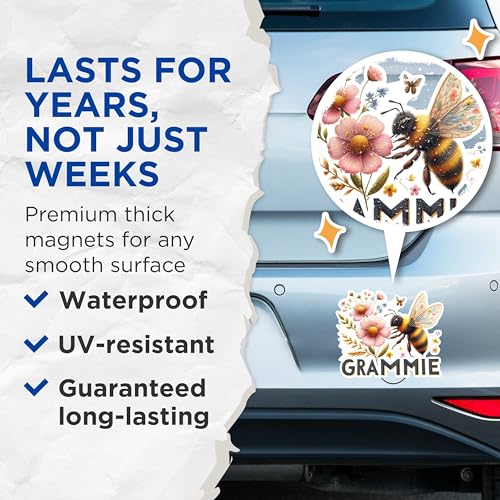 (2 Pack) Grammie Bee Flower Magnets - Cute Bee Nature Magnets - Flowery Bee Illustration Magnets- 5" On Longest Side - for Fridges, Toolboxes, Cars - Made in USA - MAG2582