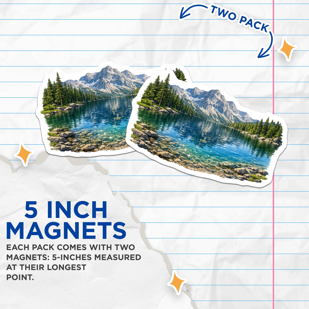 (2 Pack) Mountain Lake Magnets - Nature Landscape Refrigerator - Pine Forest Scene - Scenic View Adventure Outdoors Decor - 5 Inches On Longest Side - Thick Durable Magnet - Made in USA - MAG38861