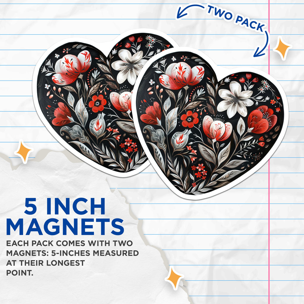 (2 Pack) Dark Floral Heart Magnets - Romantic Botanical Folk Art Kitchen Decor - Unique Valentine Anniversary Ideas - 5 Inches On Longest Side - Thick Durable Magnet - Made in USA - MAG38160
