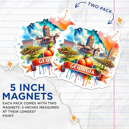 (2 Pack) Georgia State Magnets - Peach Landmarks - Artistic Watercolor Design - 5" On Longest Side - for Cars, Fridges, Toolboxes - Made in USA - MAG6835