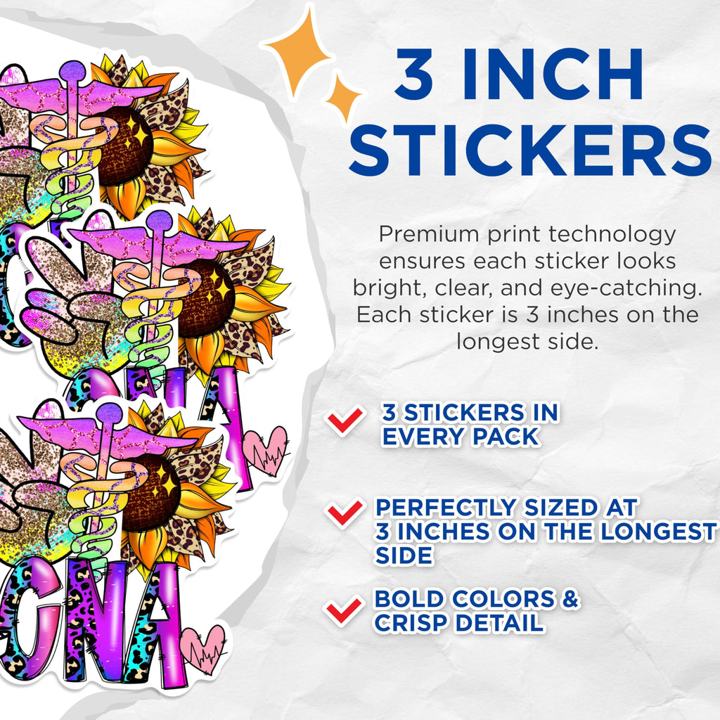 (3 Pack) CNA Peace Love Sunflower Decals - Leopard Print - Nurse Heartbeat Decal - 3 Inches On Longest Side - Easy Peel & Apply - Made in USA - 3MCS0287