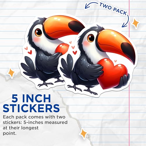 (2 Pack) Toucan with Heart Stickers - Cute Animal Stickers - Love Bird Stickers - 5" On Longest Side - Sticks to Smooth Flat Surfaces - Made in USA - BMCS3677