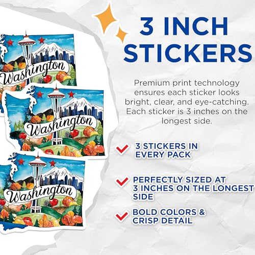 (3 Pack) Washington State Decals - Seattle Space Needle - PNW Travel Souvenir- 3 Inches On Longest Side - Easy Peel & Apply - Made in USA - 3MCS5042