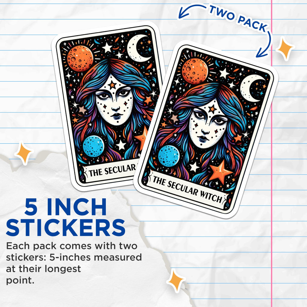(2 Pack) The Secular Witch Stickers - Cosmic Art Stickers - Witchy Aesthetic Stickers - 5" On Longest Side - Sticks to Smooth Flat Surfaces - Made in USA - BMCS5301