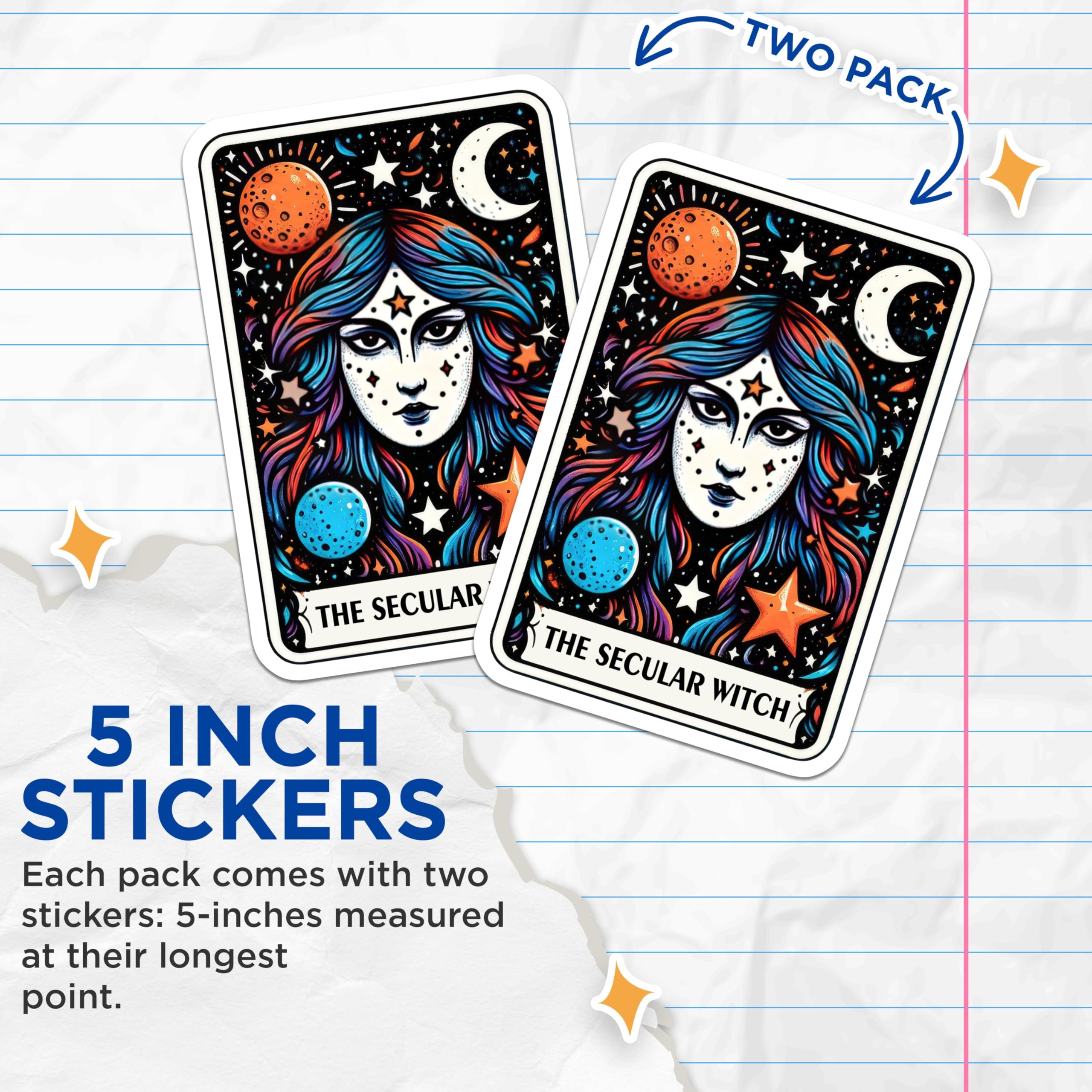 (2 Pack) The Secular Witch Stickers - Cosmic Art Stickers - Witchy Aesthetic Stickers - 5" On Longest Side - Sticks to Smooth Flat Surfaces - Made in USA - BMCS5301