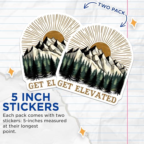 (2 Pack) Mountain Adventure Stickers - Get Elevated Stickers - Nature Lover Stickers - 5" On Longest Side - Sticks to Any Smooth Flat Surface - Made in USA - BMCS3268
