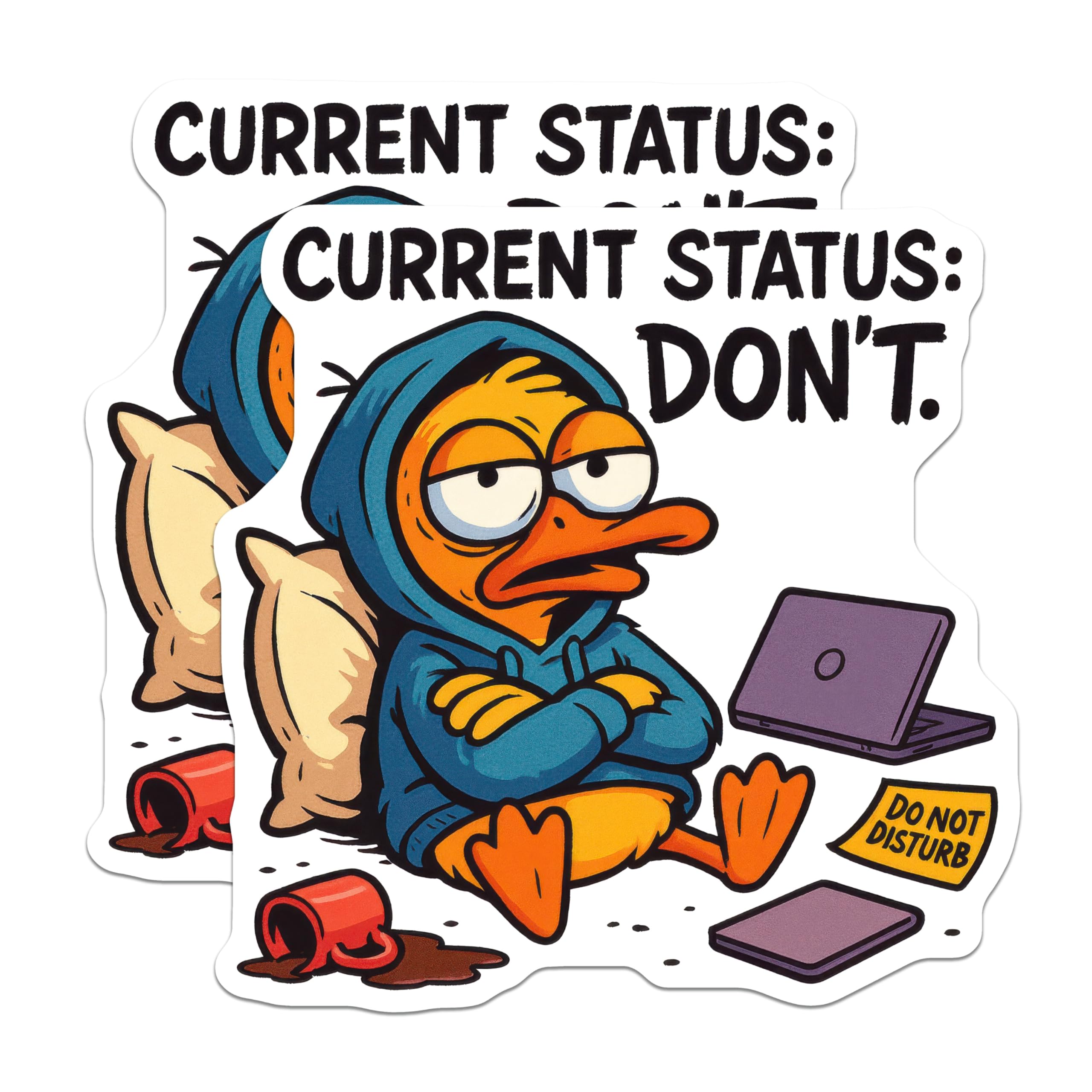 (2 Pack) Sleepy Duck Stickers - Current Status Dont - Funny Duck Meme - 5" On Longest Side - Sticks to Smooth Flat Surfaces - Made in USA - BMCS20369