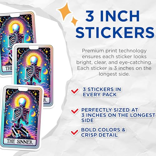 (3 Pack) Sinner Tarot Card Decals - Skeleton Laptop Decal - Occult Decal - 3 Inches On Longest Side - Easy Peel & Apply - Made in USA - 3MCS4265