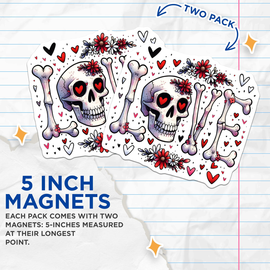 (2 Pack) Skull Love Magnets - Valentine's Day - Gothic Flower Decor - 5" On Longest Side - for Cars, Fridges, Toolboxes - Made in USA - MAG7393