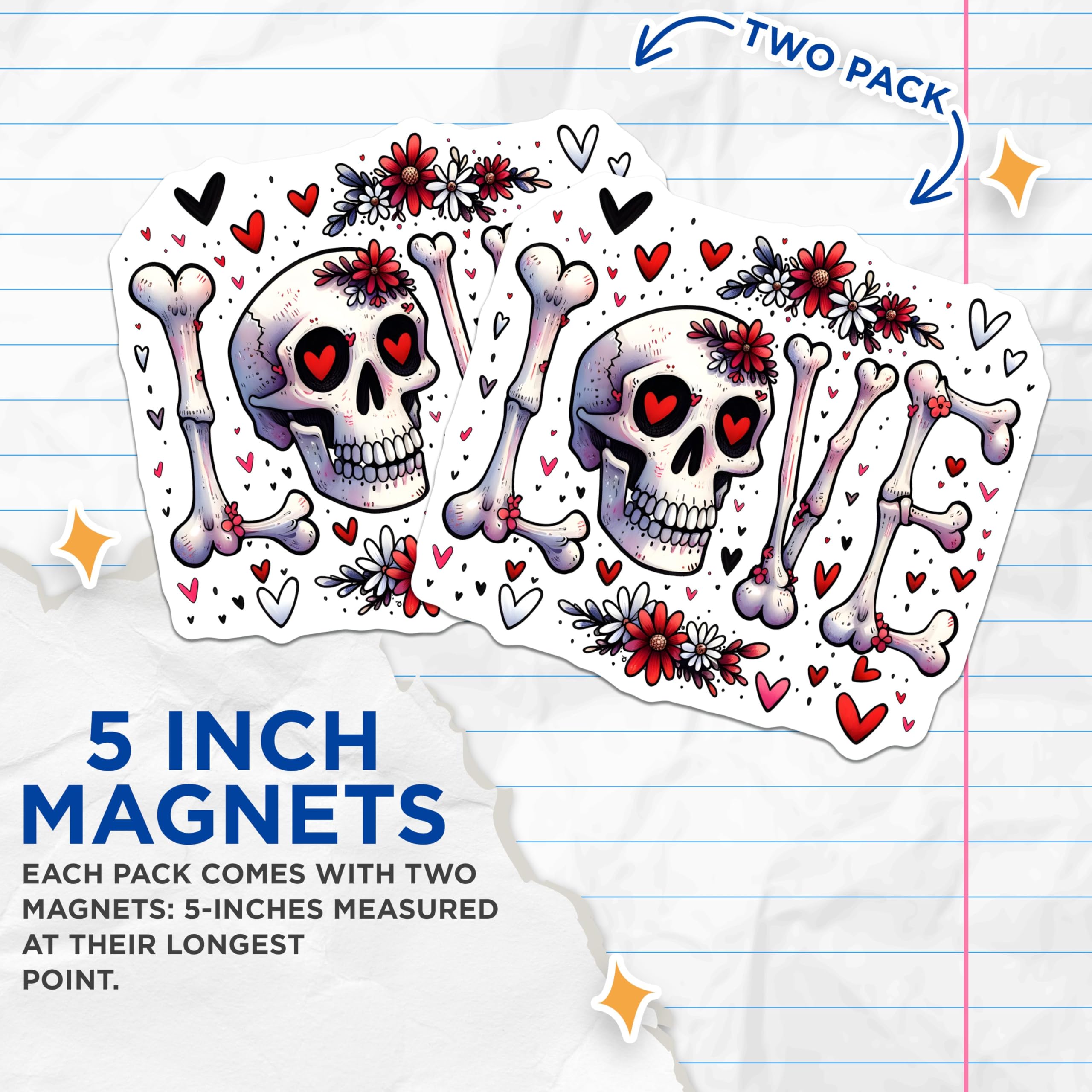 (2 Pack) Skull Love Magnets - Valentine's Day - Gothic Flower Decor - 5" On Longest Side - for Cars, Fridges, Toolboxes - Made in USA - MAG7393