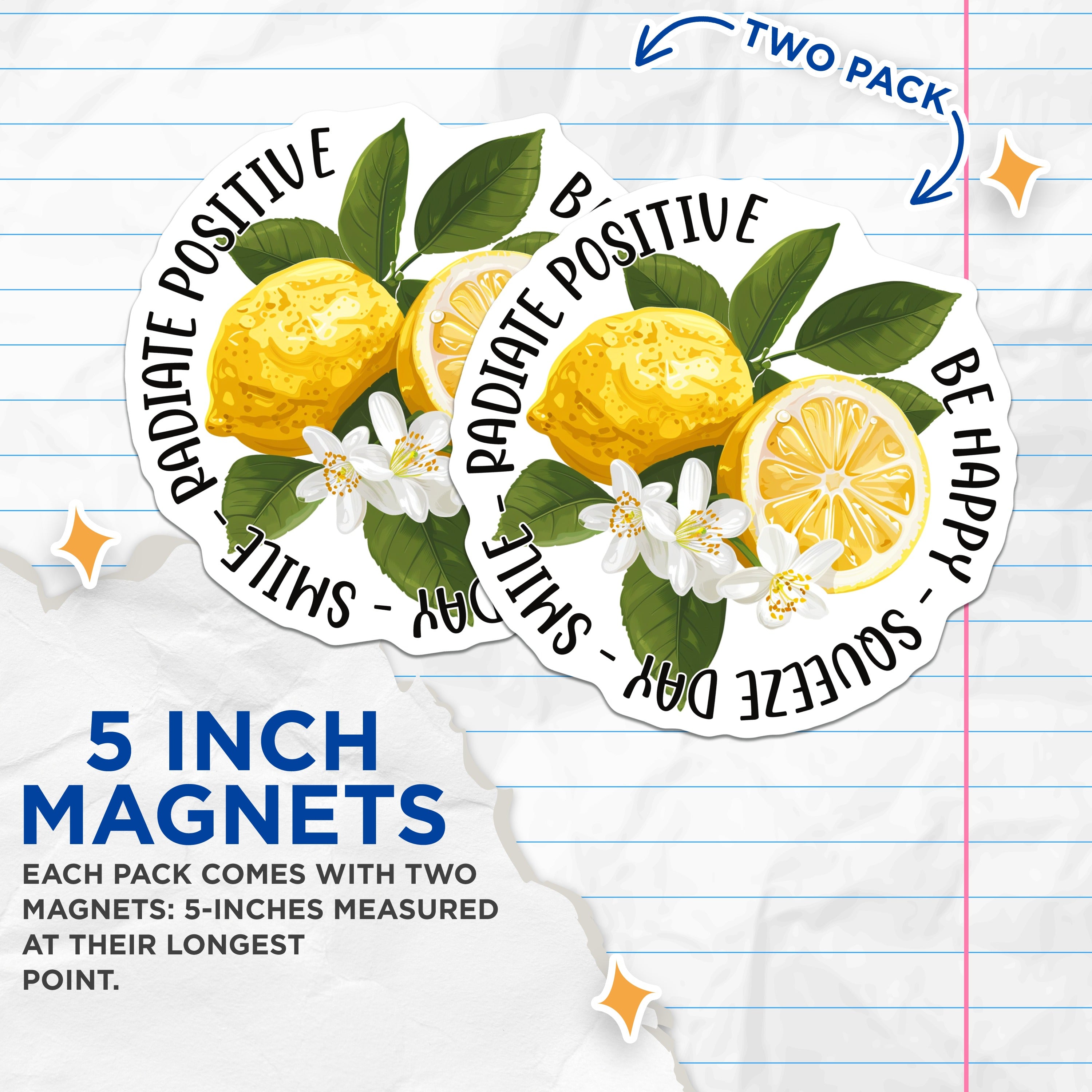 (2 Pack) Inspirational Quote Magnets - Happy Lemon Decor - Positive Affirmation Art - 5 Inches On Longest Side - Thick Durable Magnet - Made in USA - MAG39266
