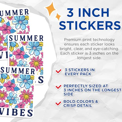 (3 Pack) Summer Vibes Decals - Floral Stickers - Laptop Decals - 3 Inches On Longest Side - Easy Peel & Apply - Made in USA - 3MCS8345