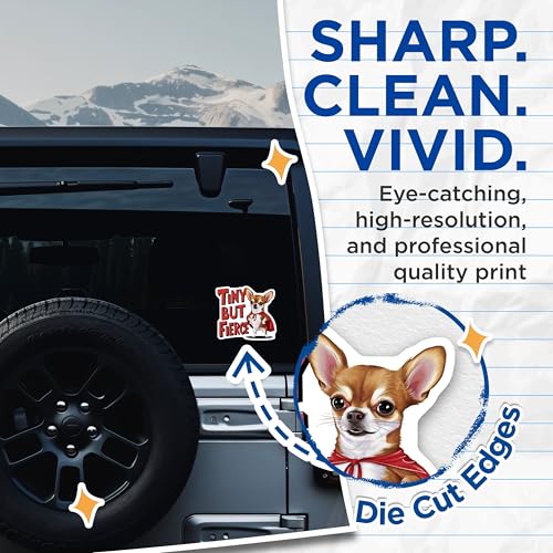 (2 Pack) Cute Dog Stickers - Inspirational Sayings - Tiny But Fierce - 5" On Longest Side - Sticks to Smooth Flat Surfaces - Made in USA - BMCS8536