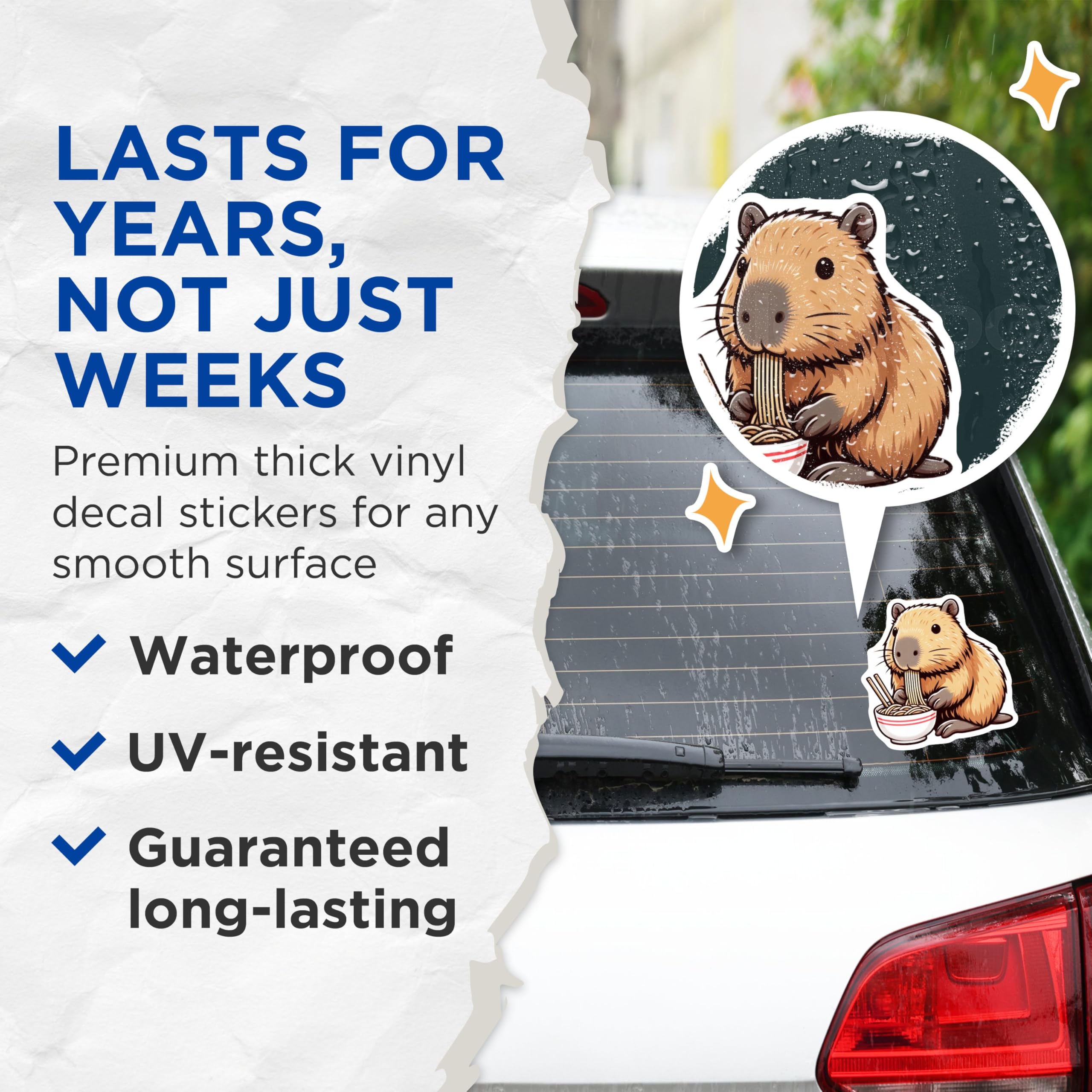 (2 Pack) Cute Capybara Eating Noodles Stickers - Animal Food Sticker - Kawaii Capybara Art - 5" On Longest Side - Sticks to Smooth Flat Surfaces - Made in USA - BMCS9919