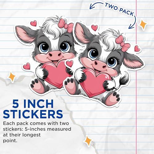 (2 Pack) Cute Cow Heart Stickers - Adorable Animal Stickers - Kids Room Decor Stickers - 5" On Longest Side - Sticks to Any Smooth Flat Surface - Made in USA - BMCS2881