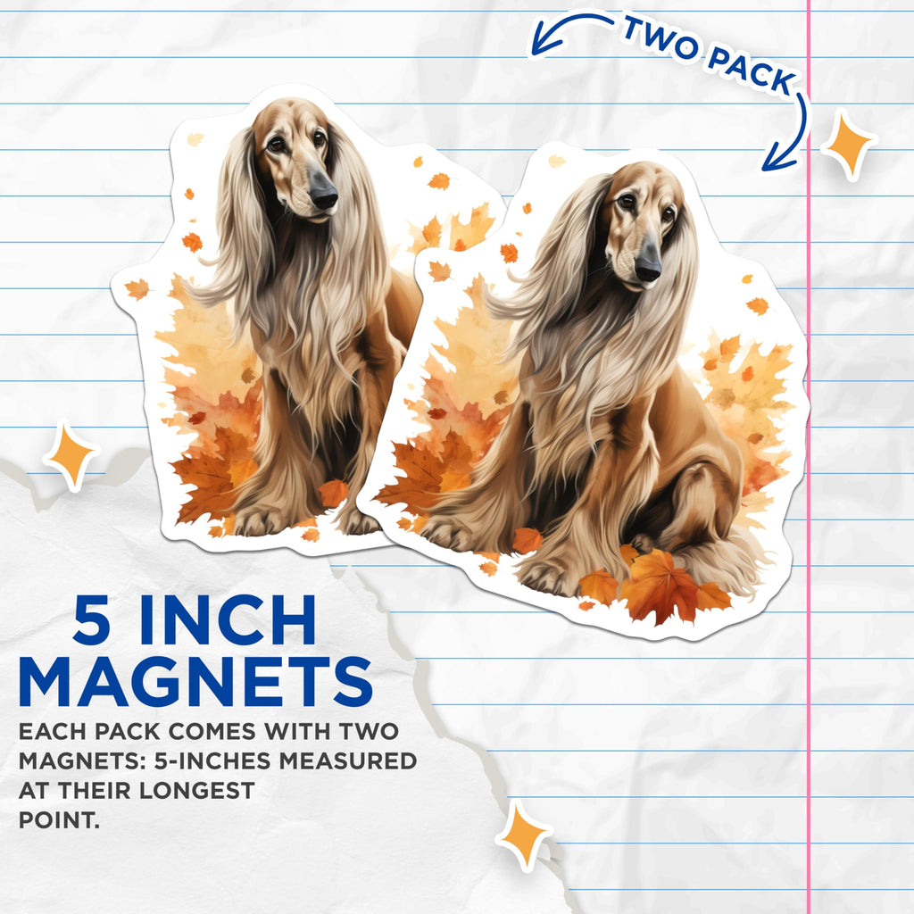 (2 Pack) Afghan Hound Dog Magnets - Autumn Fall Pet Lover Decor - Elegant Canine Artwork - 5 Inches On Longest Side - Thick Durable Magnet - Made in USA - MAG27696