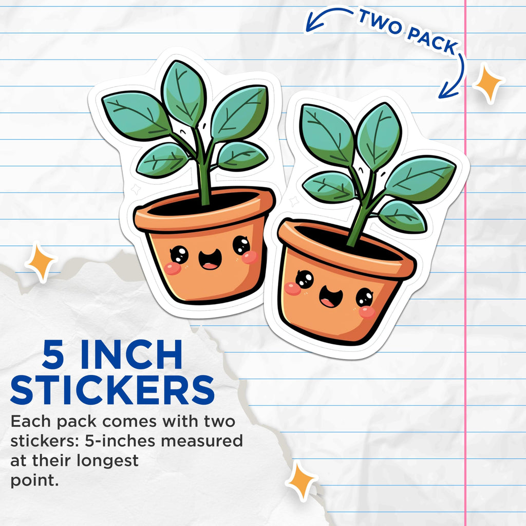 (2 Pack) Cute Plant Pot Stickers - Kawaii Plant Stickers - Adorable Plant Pottery Stickers - 5" On Longest Side - Sticks to Smooth Flat Surfaces - Made in USA - BMCS4272